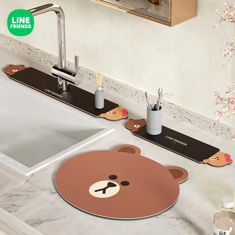 Brown Cute Cartoon Home Dining Table Washbasin Water Control Mat Line Friends Choco Kitchen Countertop Dry Non-slip Draining Mat