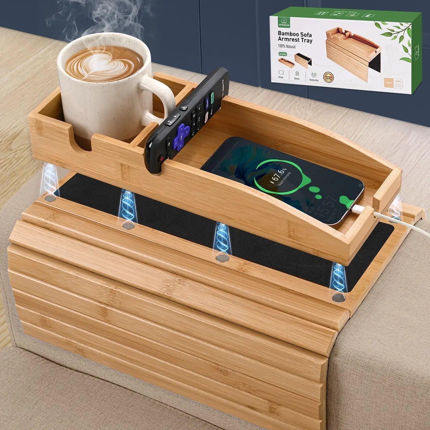 

Couch Arm Tray, 3-In-1 Magnetic Detachable Couch Cup Holder, Bamboo Sofa Armrest Table With Anti-Slip Pad, Sofa Armrest Tray