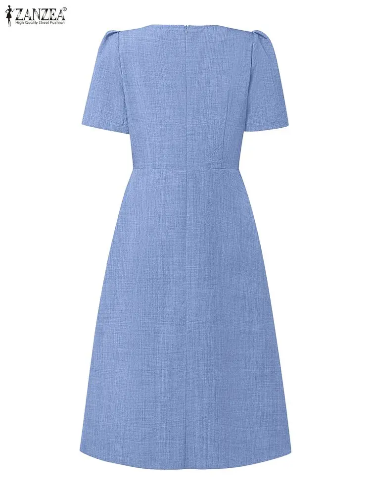 ZANZEA Elegante Frauen OL Arbeitskleider 2025, Sommerkleid, kurze Ärmel, Bögen, Sommerkleid, stilvoll, tailliert, A-Linie, Party, Vestido, Midi-Robe