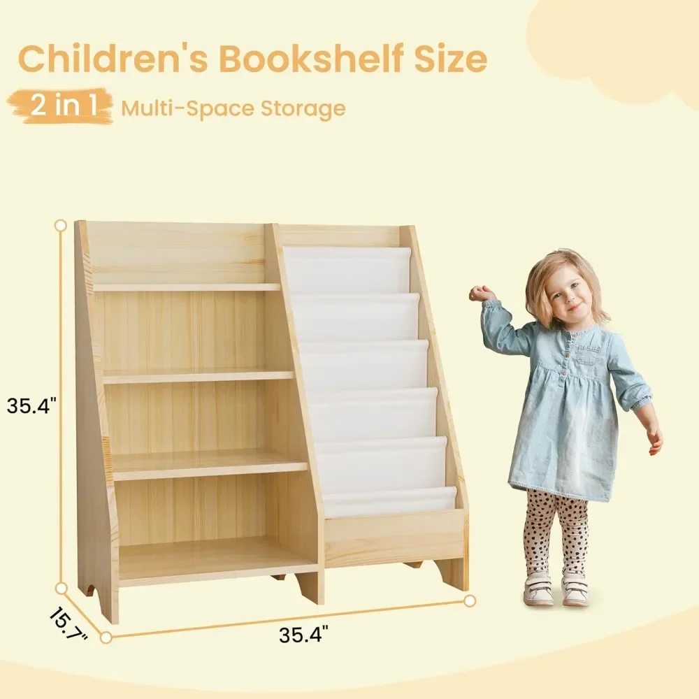 Children's Bookcase, Modern Solid Wood Bookshelf, 4 Tier Bookshelf 5 Layer Sling Bookcase, Kids Book Rack Storage Organizer