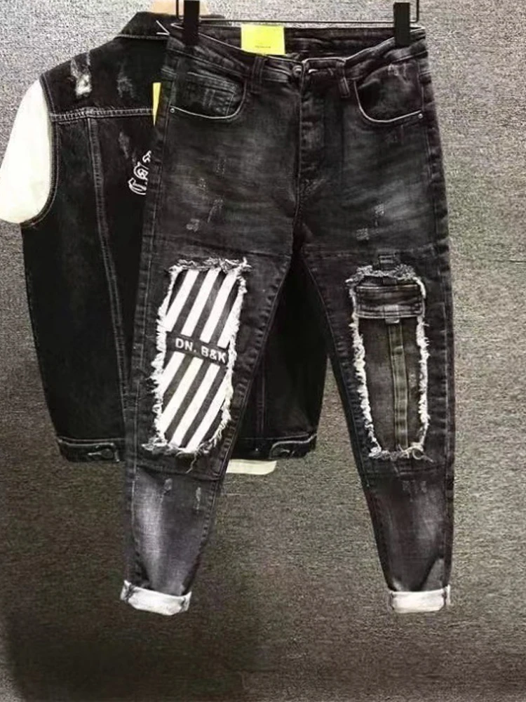 

Дизайнерские мужские черные джинсы Slim Fit с отверстиями в стиле пэчворк в полоску в стиле хип-хоп, стрейч, уличная одежда высокого качества, модная брендовая мужская одежда