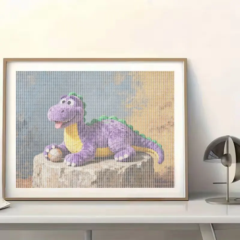 1PC Kit Lukisan Berlian Dinosaurus Ungu Kartun Lucu, Set Seni Berlian Kristal 5D DIY Full Drill, Lukisan Hewan Permata Besar dengan D