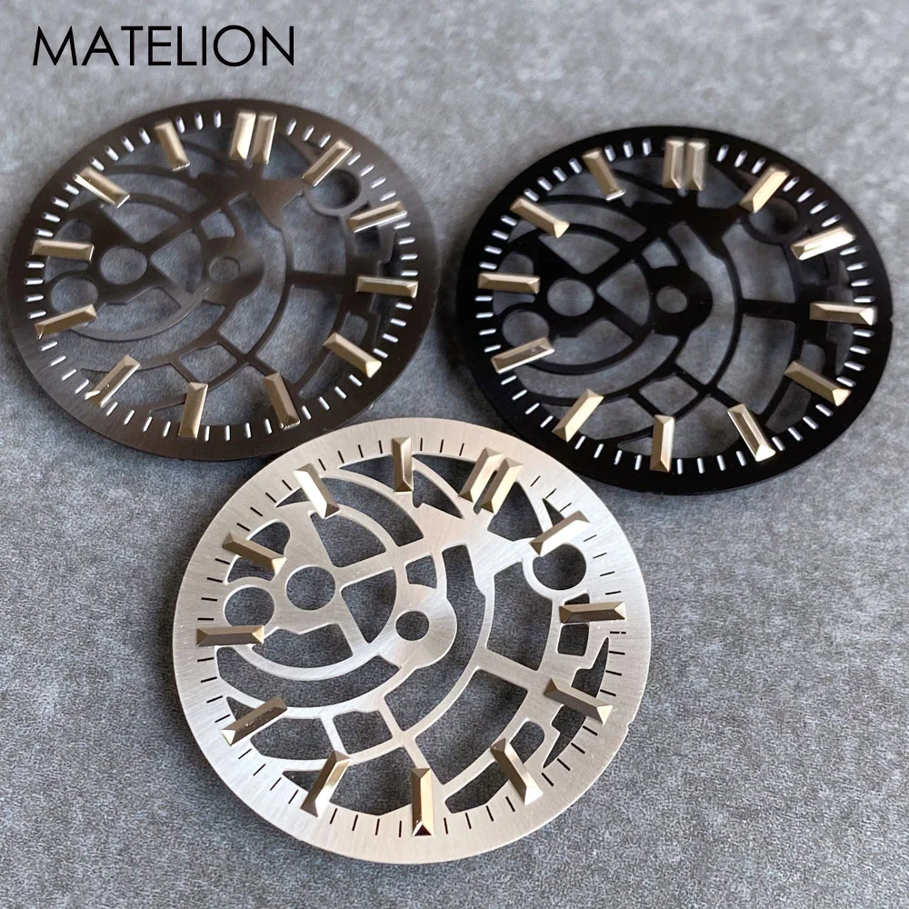 Skeleton Watch Dial Hollow out for NH35 NH36 NH38 NH70 NH71 NH72 4R35 4R36 Movt Metallic Markers 29mm Watch Face Silver Black