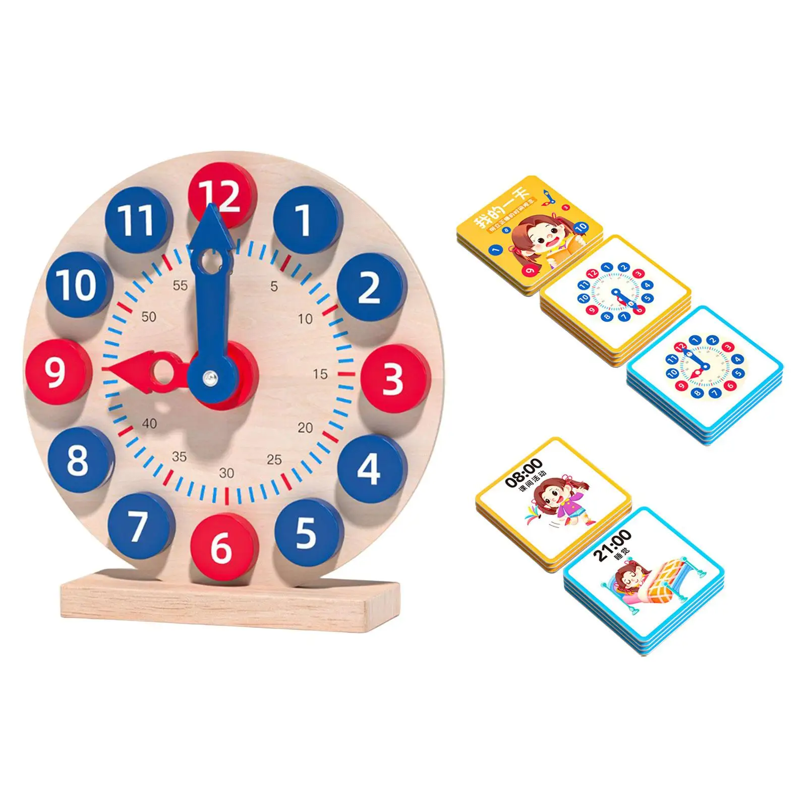 Wooden Toy Clock Portable 18 Reversible Time Cards for Gift Preschool Girl