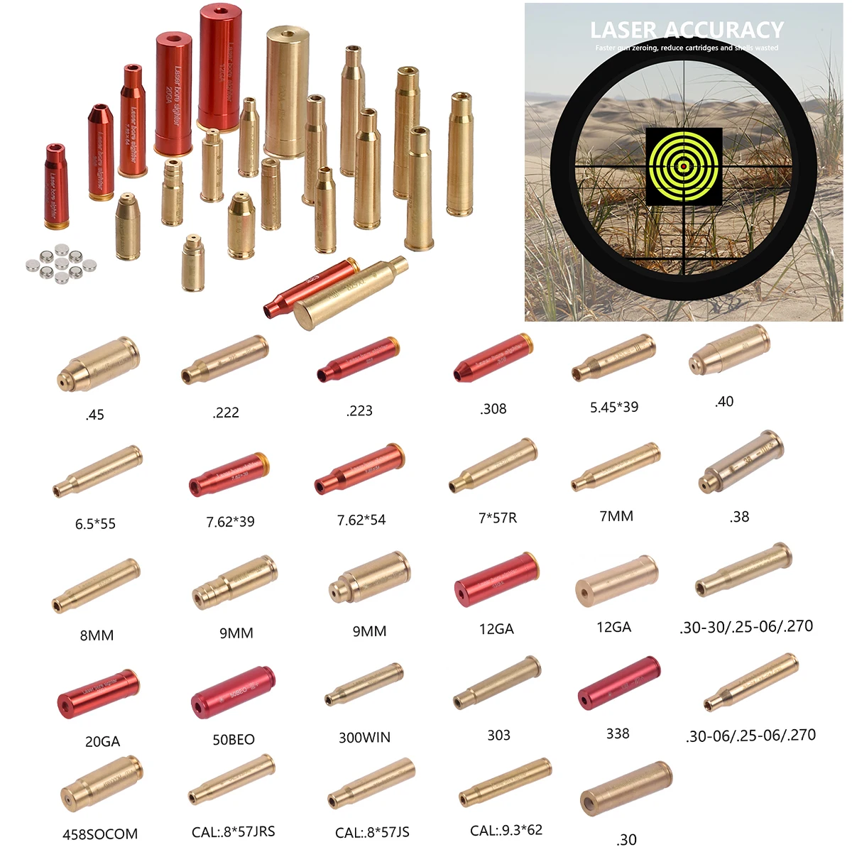 Tactical Red Laser Bore Sighter Training Bullet Boresighter Caliber 12GA 20GA .308 .223 5.45x39 7.62x39 9x19mm.338 Snap Caps