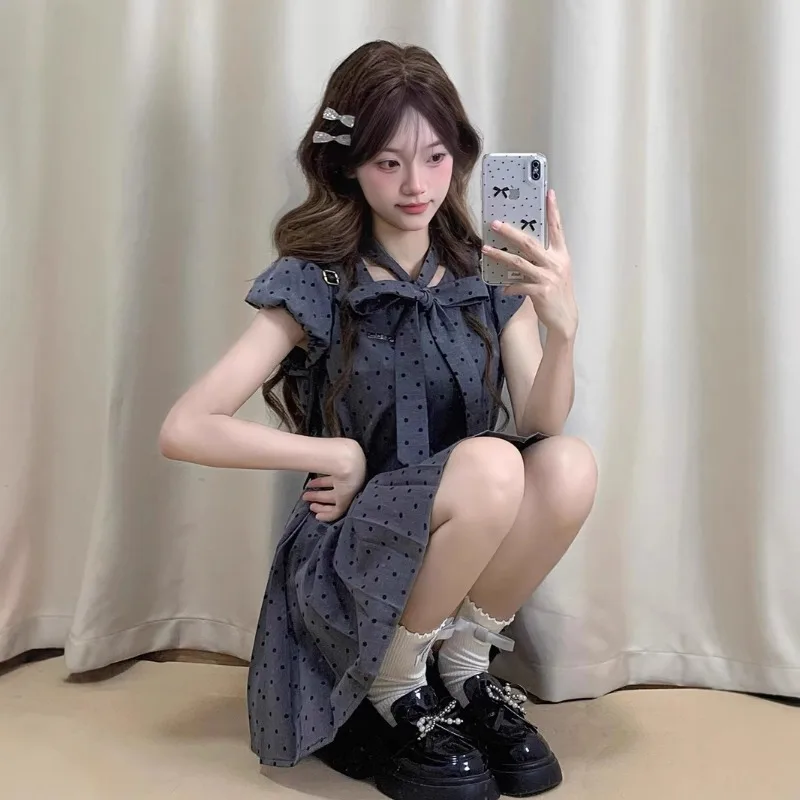 French Gray Polka Dot Small Flying Sleeve Dress Children's Summer 2025 New Small Fresh and Sweet Short Dresses Women's Clothing