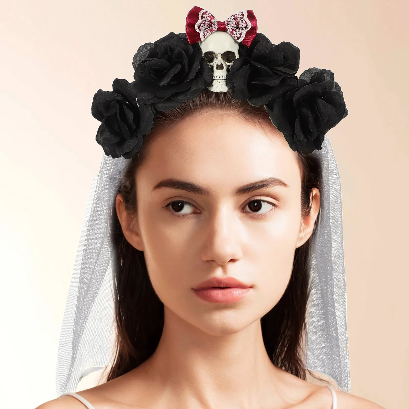 

Halloween Skull Headband Fake Rose Bridal Veil Hairband Party Cosplay Accessory Costume Prop Decor Adult Women Halloween Hair