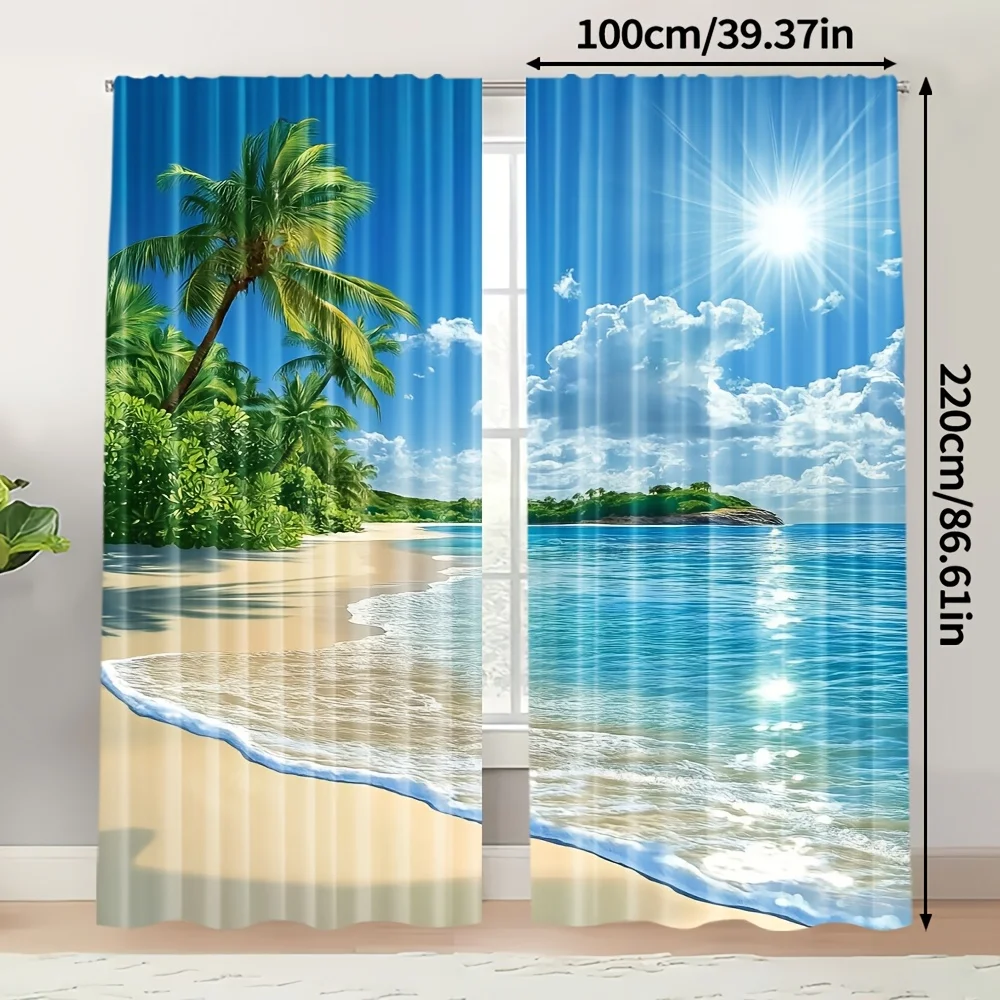 2 Panels 3D Beach Curtains Coconut Palm Tree Printed Drapes Blackout Polyester Window Treatment for Living Room Bedroom Home