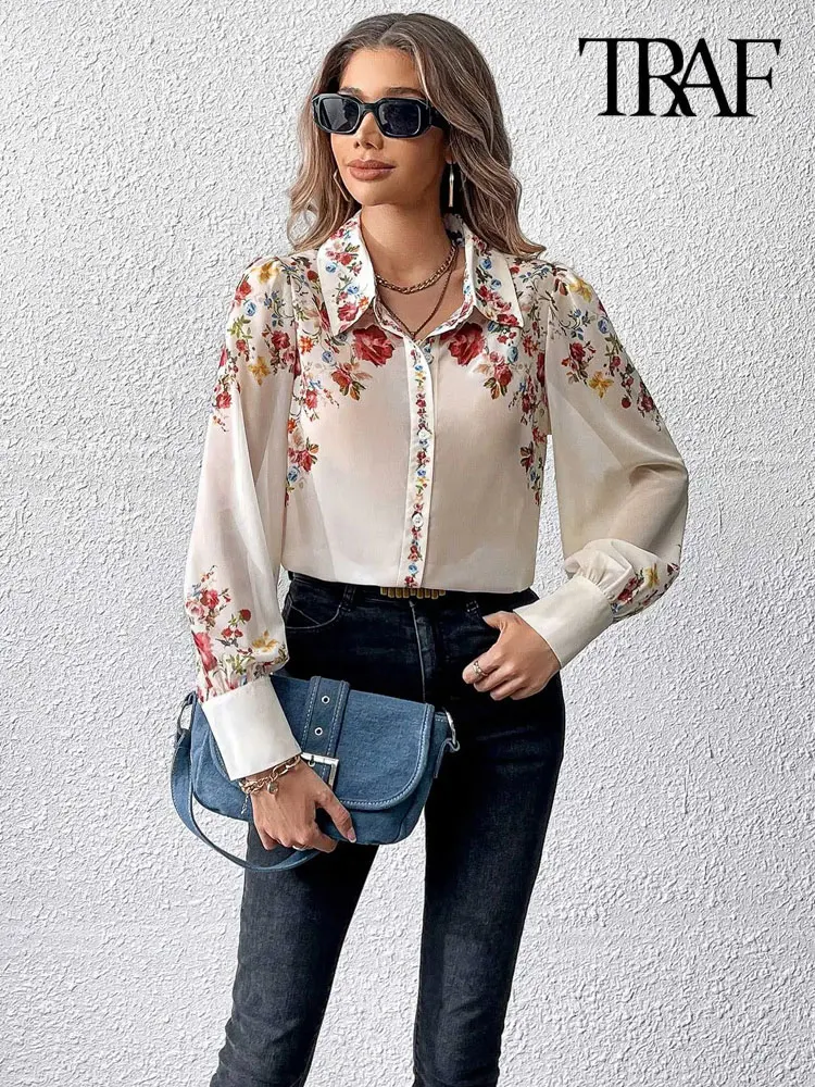 TRAF-Women\'s Floral Print Shirts, Semi Sheer, Long Sleeve, Button-up Tops, Female Blouses, Chic Fashion