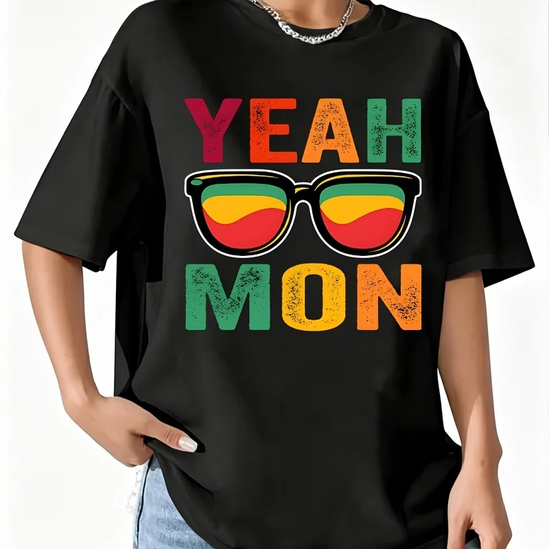 Yeah Mon Jamaican Fun Vacation Women's 100% Cotton T-Shirt Fun Print Short Sleeve Top Casual Round Neck Tee S-5Xl