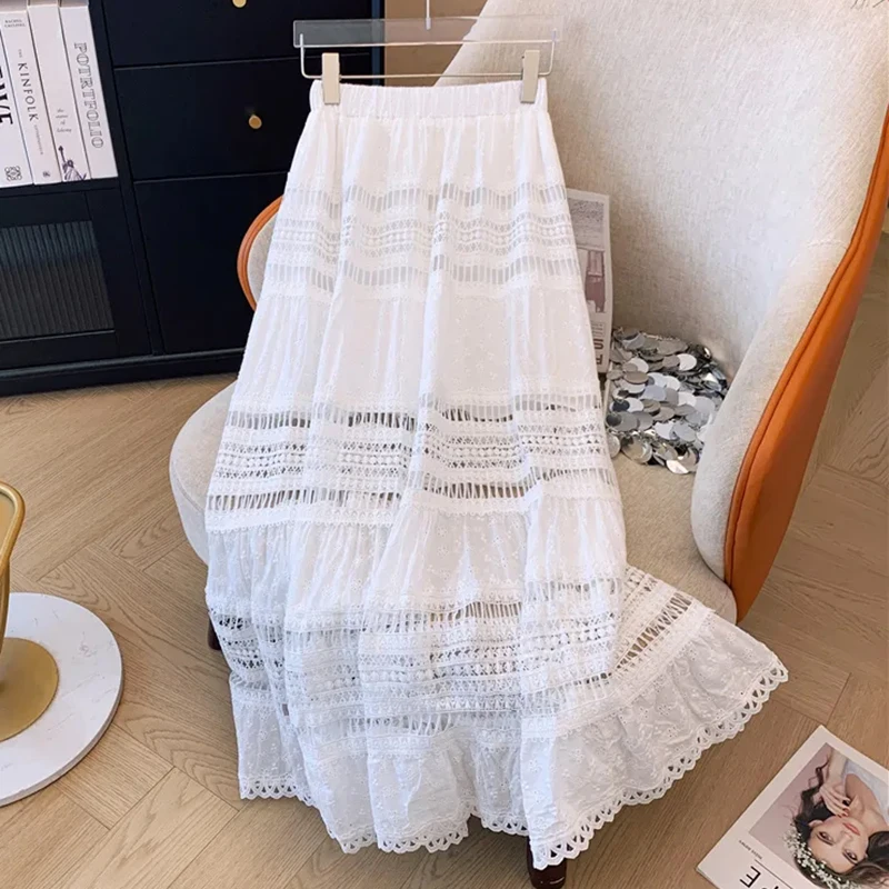 Embroidery Eyelet Cut-out Maxi Skirt White Cotton Semi Sheer Flowy Long Skirt Women Boho Summer Vacation Fairycore Outfit