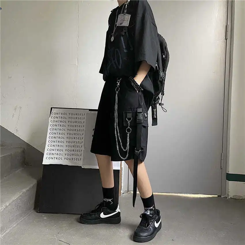 Emo Cargo Shorts Vrouwen Zomer Strand Shorts Met Ketting Zwart Hip Hop Streetwear Casual Vrouwelijke Sportkleding Alt Broek Esthetische