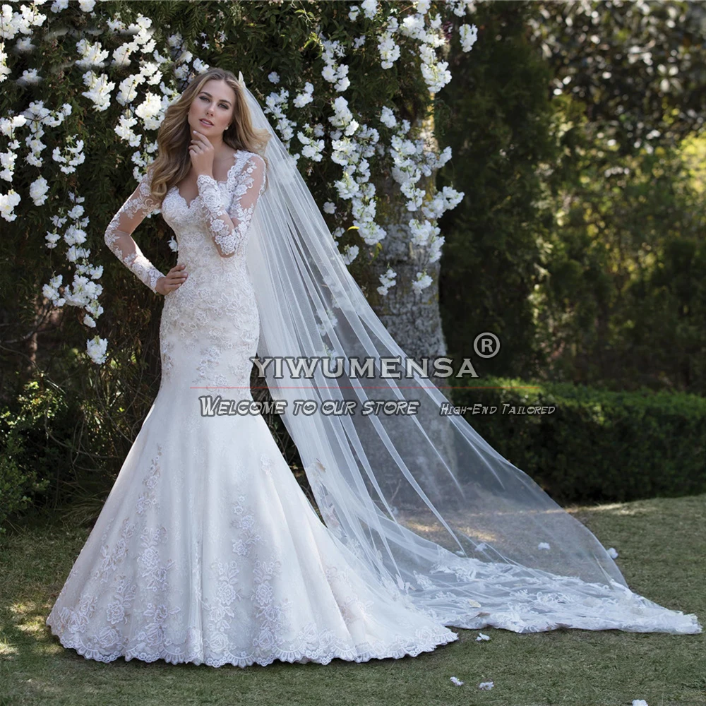 Robe de mariée de forme sirène, en Tulle, à manches longues, avec des Appliques de perles, blanche