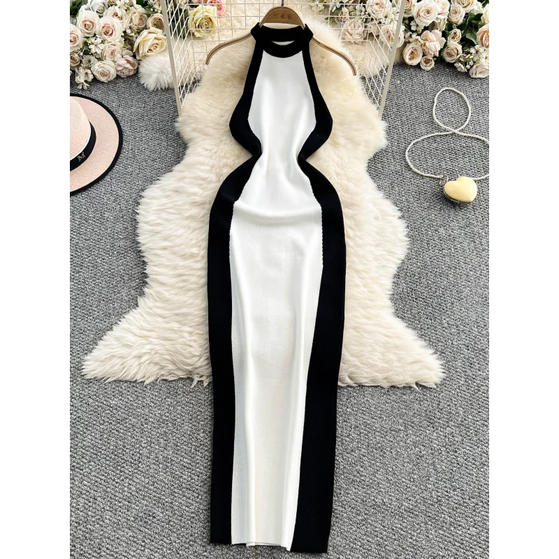 INS women sexy summer chic halter neck knitted bodycon long dress casual patchwork party sheath elegant streetwear club dress