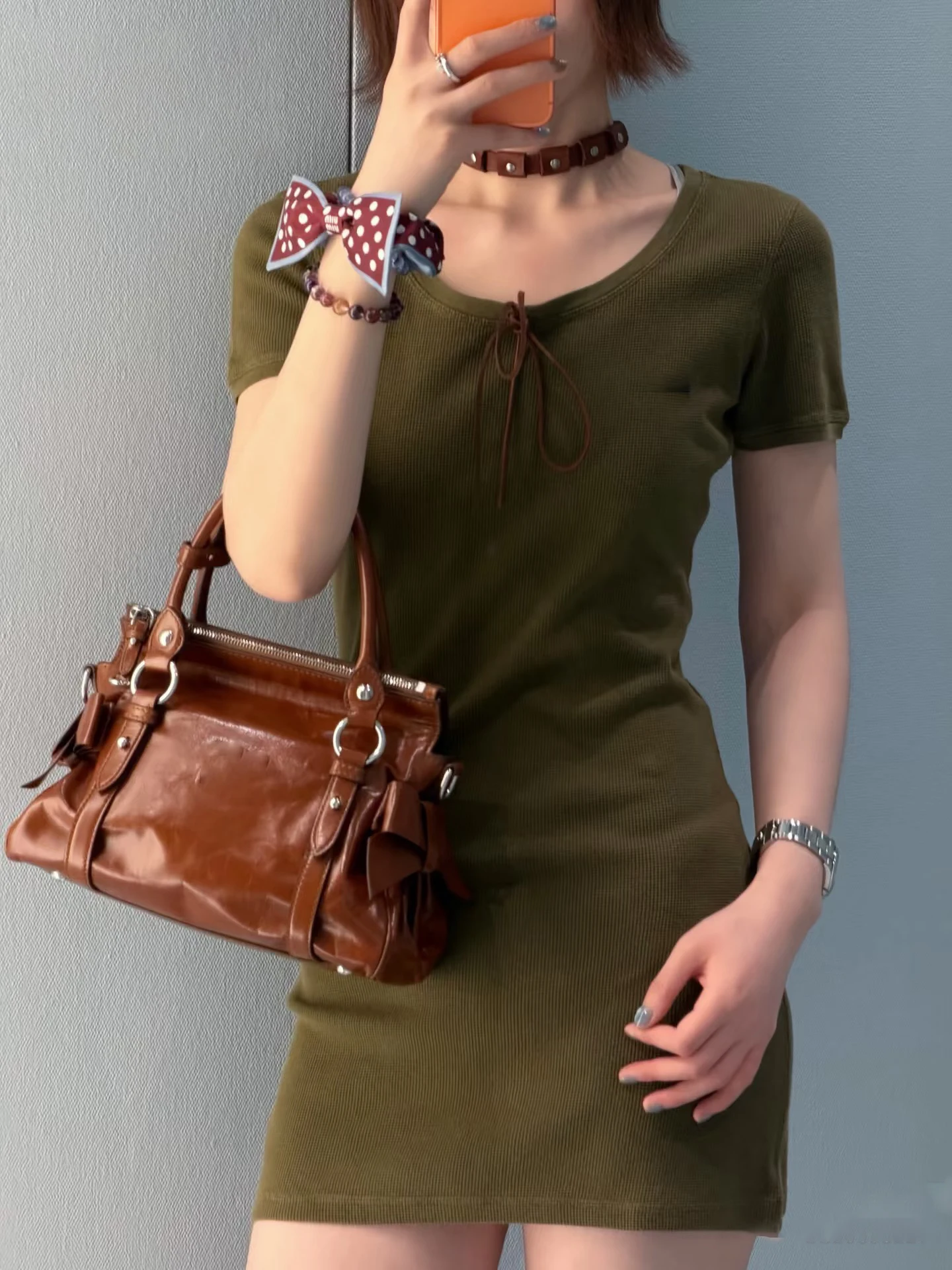 French Style Letter Print Short Sleeve Dress Women's Slim Fit round Neck Drawstring Waist Breathable Cotton Casual Dress