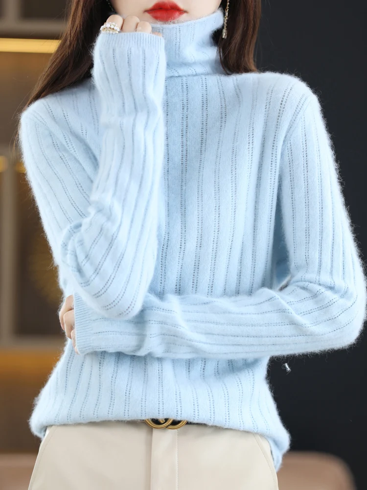 2024 New Women 100% Mink Cashmere Sweater Turtleneck Casual Pullover Autumn Winter Soft Warm Jumpers Vertical Stripe Knitwear