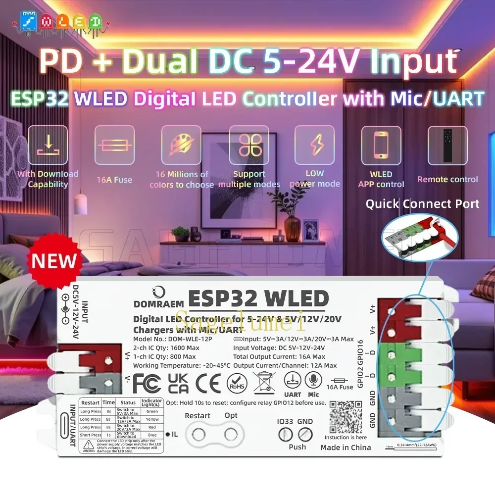 وحدة تحكم DOMRAEM ESP32 WLED الجديدة المزدوجة PSU (PD و5-24V DC) 16A Fuse تدعم WS2812B WS2805 SK6812 APA102 شرائط LED الرقمية وما إلى ذلك