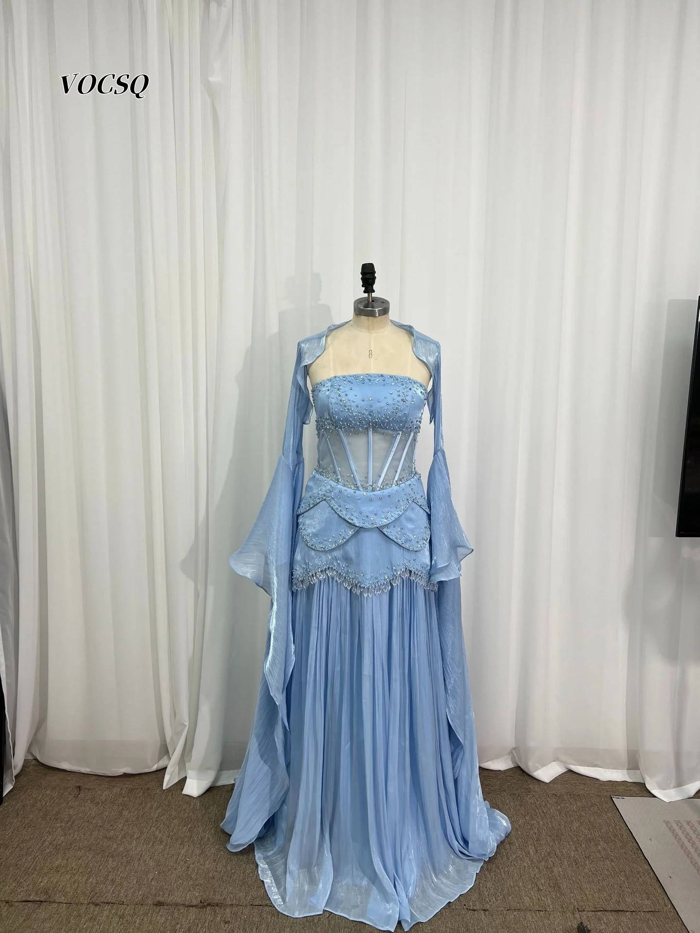 Prom Dress Strapless Beaded Rhinestone Sheer Corset Flare Sleeve Cape Chiffon Floor Train Formal Gala Evening Gown Customized