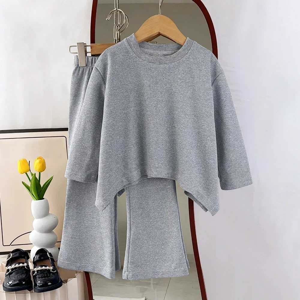 Korean Solid Color Casual Children's Clothing Autumn Long Sleeved Top+Pants 2-piece Set Gray Kids Clothes Girl Sportswear