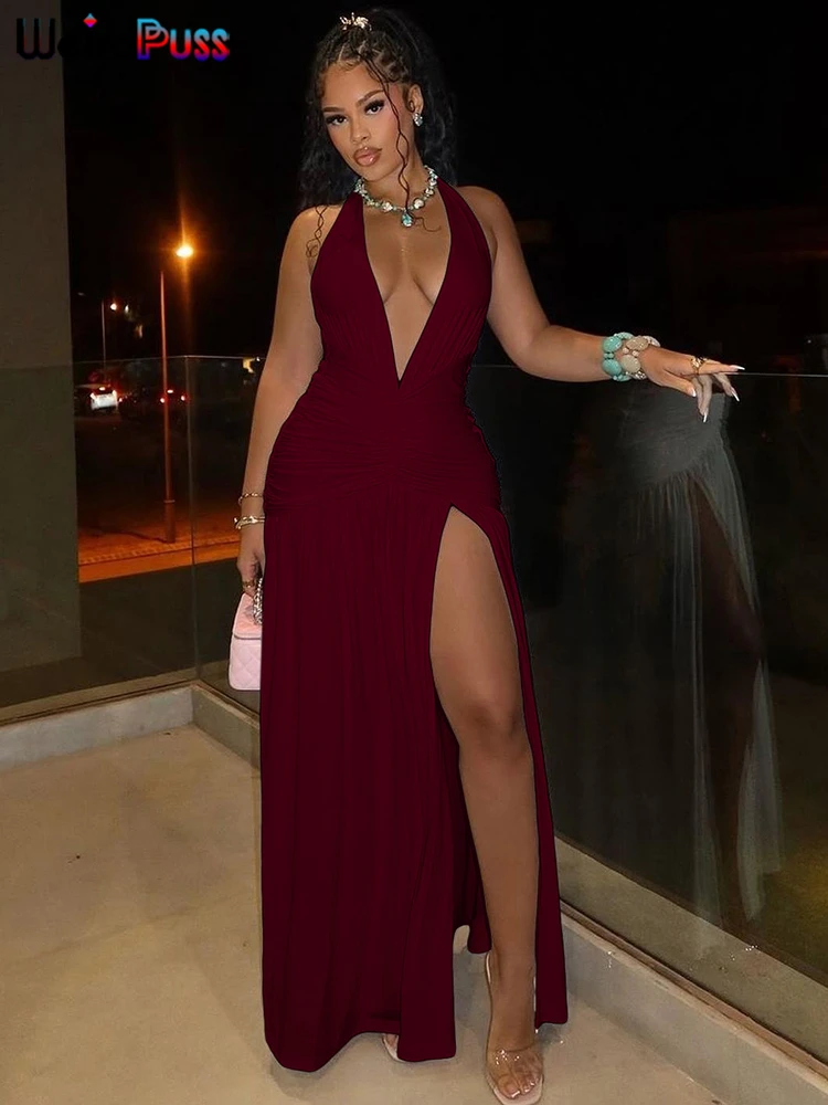 女性のための深いVネックのホルタードレス,ホルターネック,フリル,ホルタートップ,パッチワーク,単色,エレガント,セクシー,パーティー,夏