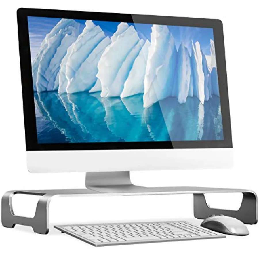Aluminum 15.7 Monitor Stand for iMac - Wide Unibody Metal Riser in Silver - Sturdy Desktop Organizer with Keyboard Storage - Un