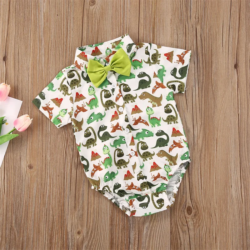 Newborn Baby Boy Summer Clothes Dinosaur Romper Short Sleeve Button Down Dress Bodysuit Jumpsuit With Bowtie