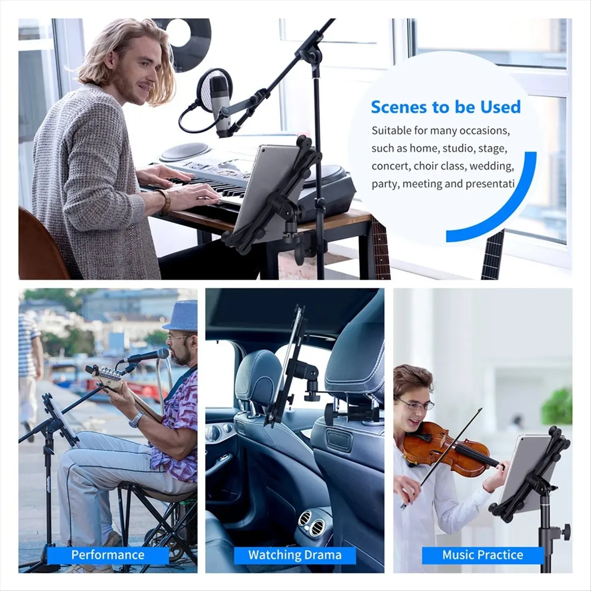 Punctual- 7-14 Inch Adjustable Tablet Holder Mount 360 Degree Swivel Clamp for Microphone Stand for Apple IPad Pro Air Mini