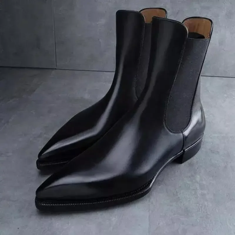 Black Chelsea Boots Business Men Ankle Boots Slip-On Round Toe Vintage Boots Size 38-48 Botas De Trabajo Hombre