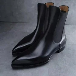 Black Chelsea Boots Business Men Ankle Boots  Slip-On Round Toe Vintage Boots Size 38-48 Botas De Trabajo Hombre