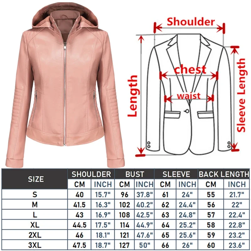 Bright Red Women Hooded PU Jacket Hat Removable Windproof Tops Fashion Casual Leather Coat Black Blue Coffee Khaki Pink S-XXXL