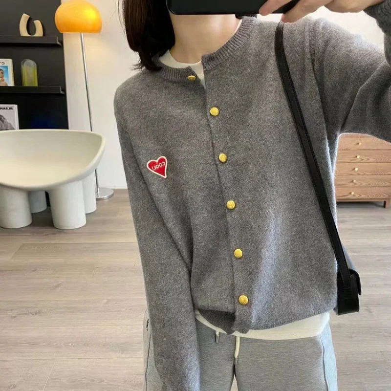 2024 Autumn and Winter New Women's Wool Cardigan Korean Style Love Embroidered Letter Crew Neck Single-Breasted Knitted Coa