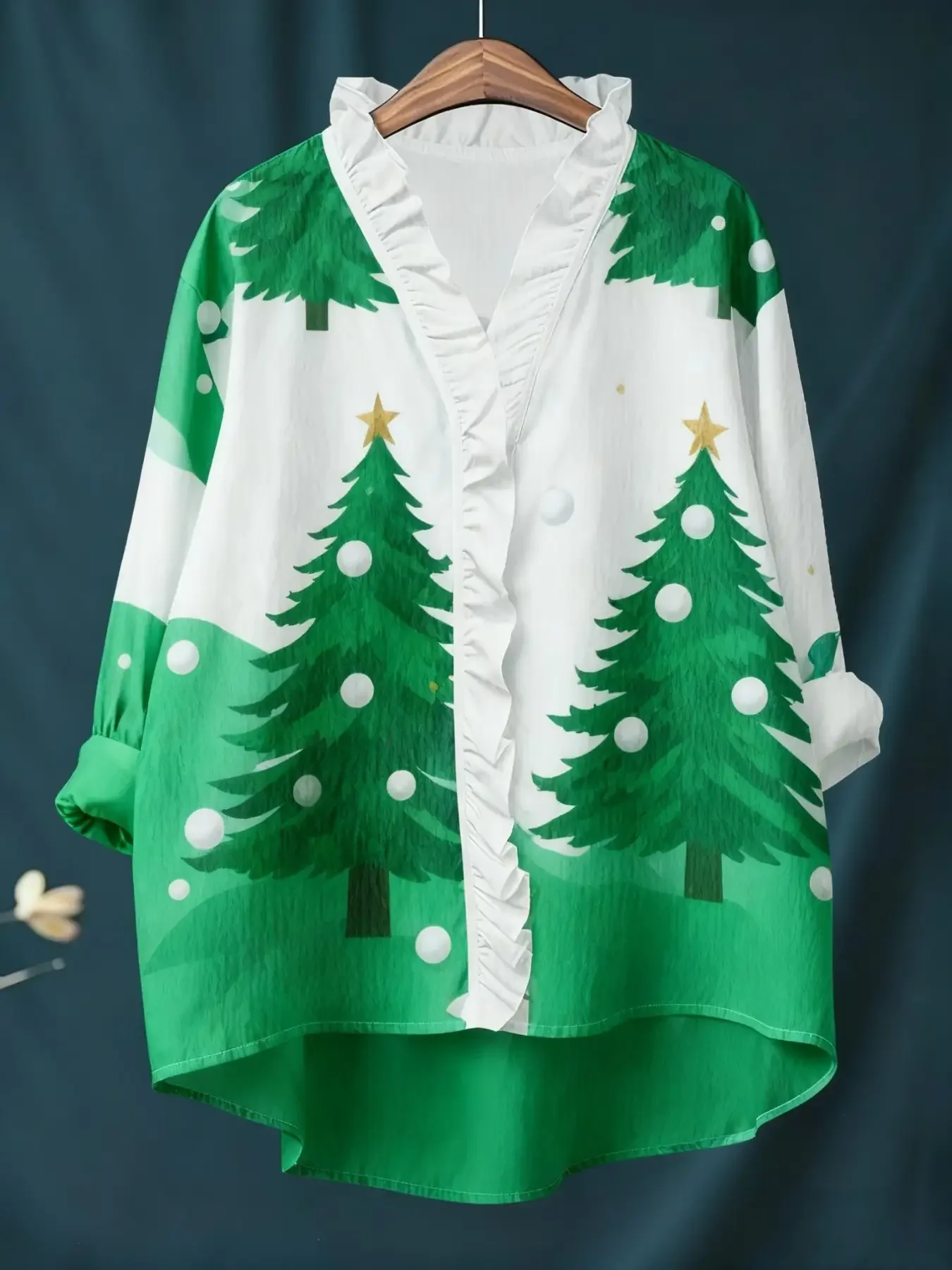 Women's Christmas digital printed long sleeved shirt with ruffled collar,  American style loose button style outerwear