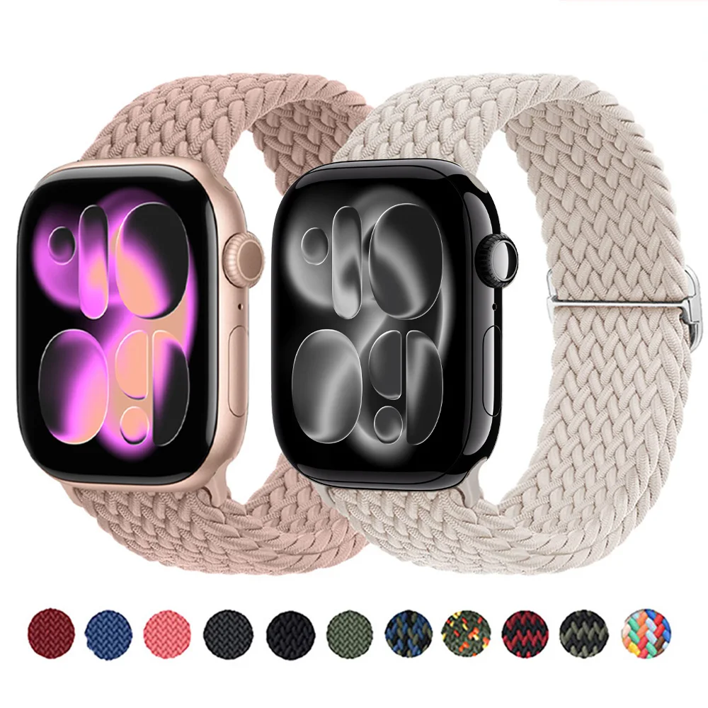 

Плетеные ремешки для Apple, ремешок для часов 44/45/49/46/40/41/38 мм, эластичный регулируемый нейлоновый браслет iWatch серии 10 9 8 se 6 7 Ultra2