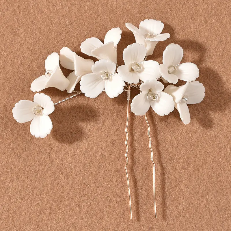 White ceramic flower hairpin crystal U-shaped hairpin bridal wedding hair accessories