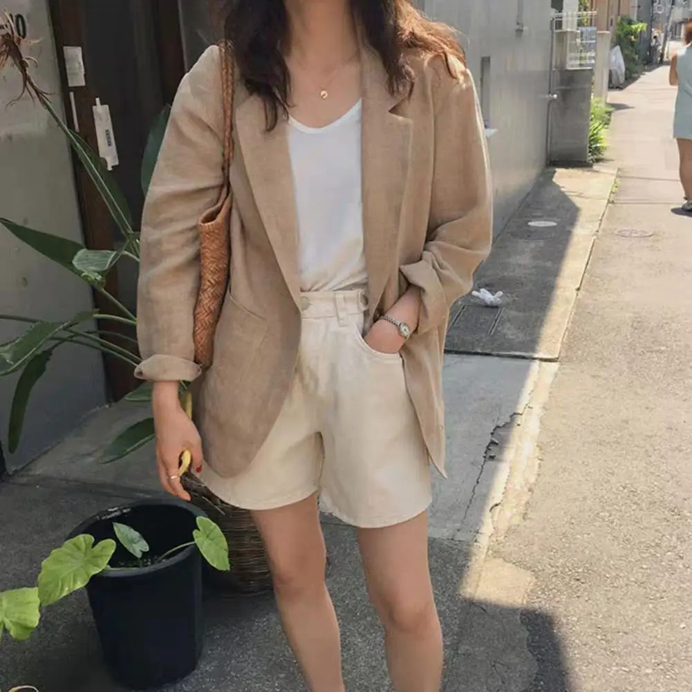 سترة غير رسمية بأزرار من القطن والكتان للسيدات لربيع وصيف 2025 ملابس نسائية جديدة فضفاضة وأكمام طويلة