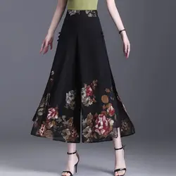 2024 Summer Chinese Style Retro Fashion Versatile Loose Chiffon High Waist Elastic Cropped Pants Printed Women's Wide Leg Pants