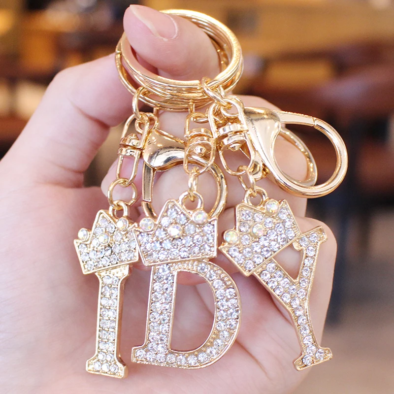 26 Initial Letter Rhinestone Keychain For Women Charm Crystal Crown Gold Plated Key Ring Bag Car Key Chains DIY Accessoreis