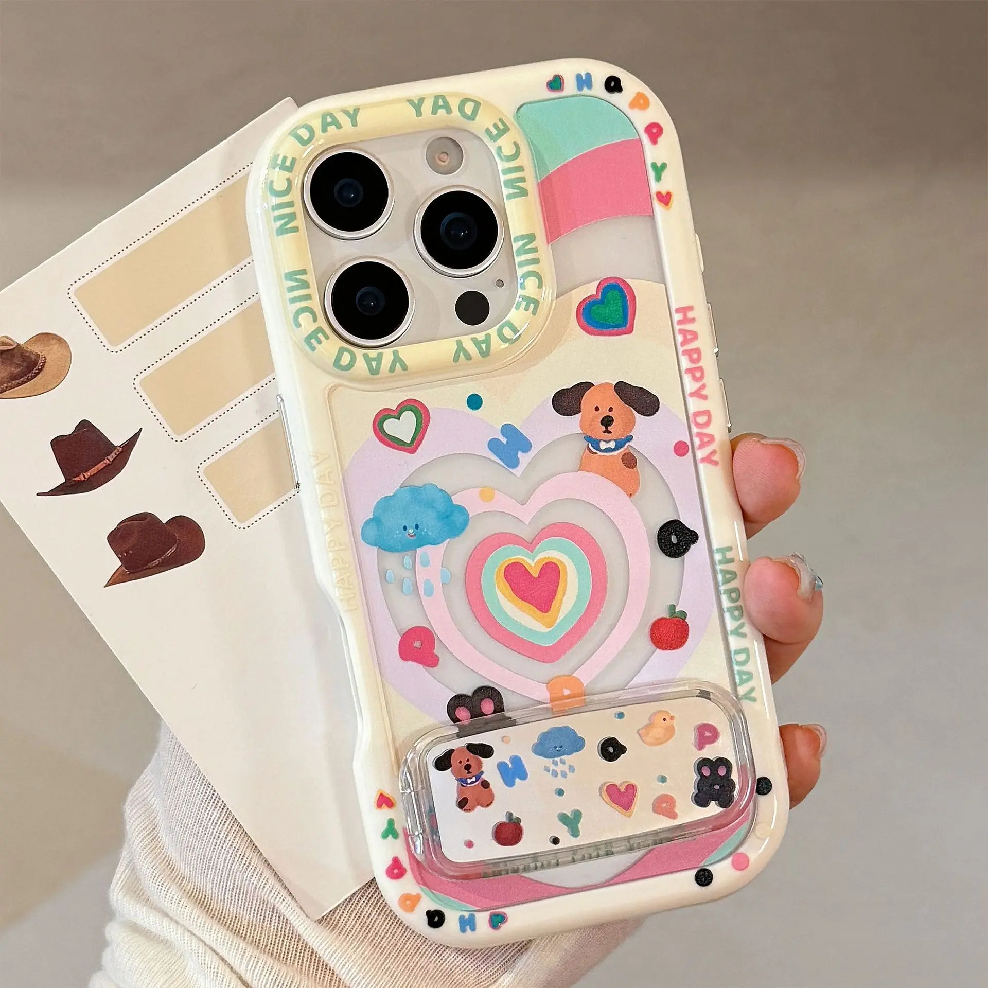 Koreanische bunte Liebe Herz Cartoon Welpen Spiegel Halterung Telefon Fall für iPhone 16 15 14 13 12 11 Pro Max XS X XR stoßfest Abdeckung