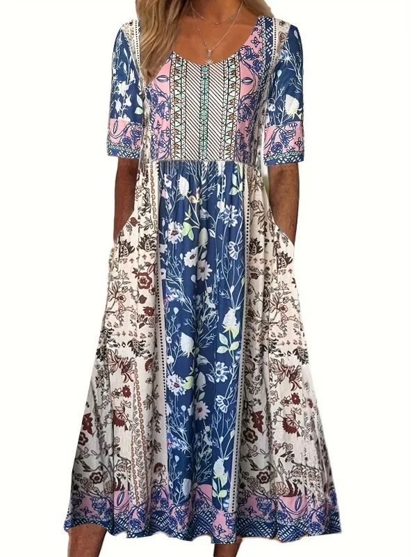 فستان نسائي بوهيمي مطبوع بأكمام قصيرة وخصر مرتفع وبنطلون طويل ماكسي، فستان صيفي غير رسمي بطبعة زهور على شكل حرف A