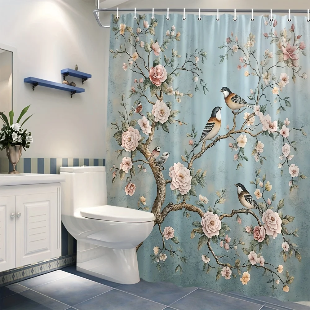 Duschvorhang mit blühenden Zweigen und Vögeln – Badedekoration in mehreren Stilen, perfekt für diejenigen, die die Natur inspiriert und praktisch lieben