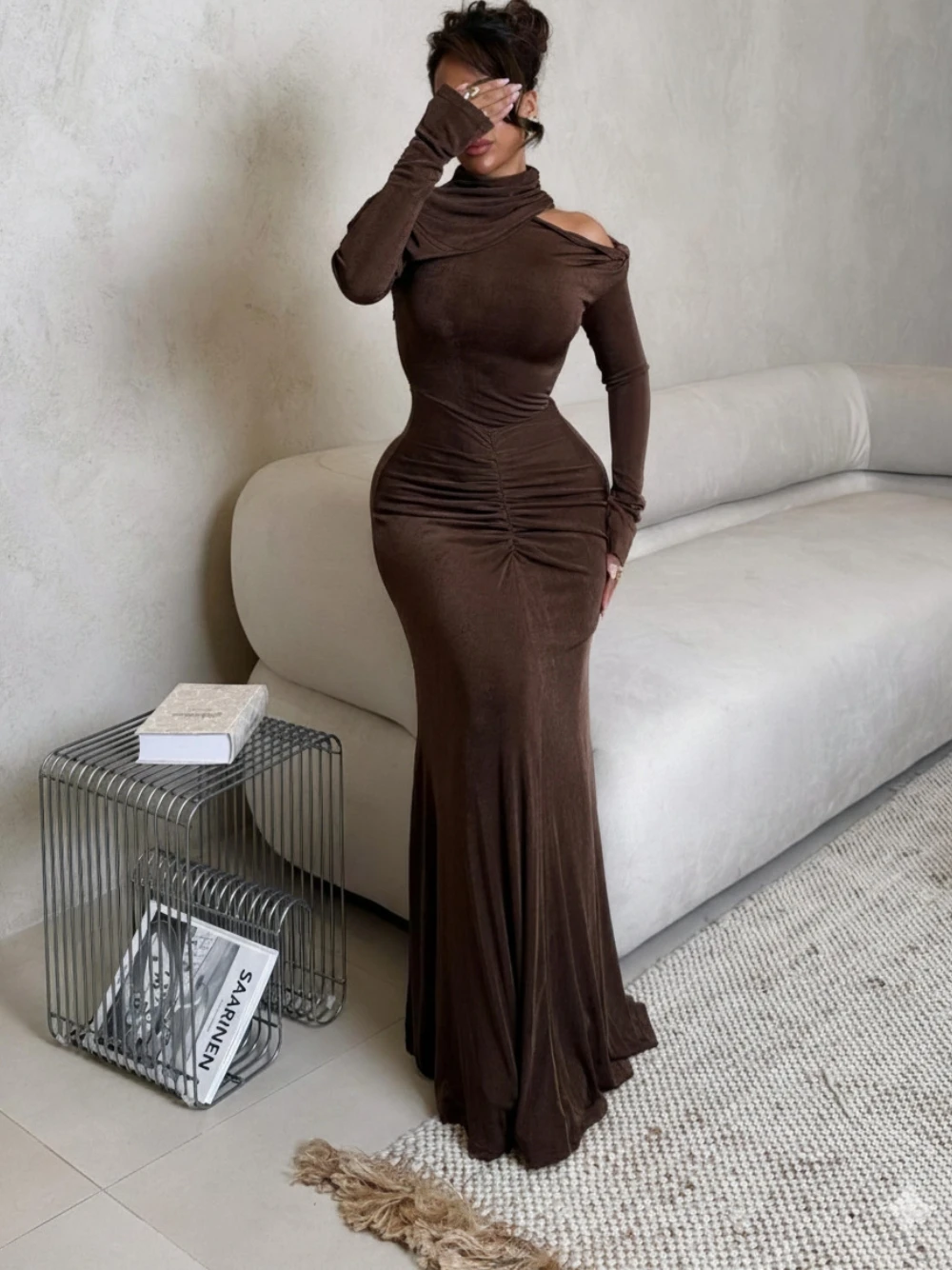 Coffee Velvet Elegant Evening Dress Women's Formal Events Bodycon Fit Prom Gown Celebrity Party Floor-length Wear Fast Shipping