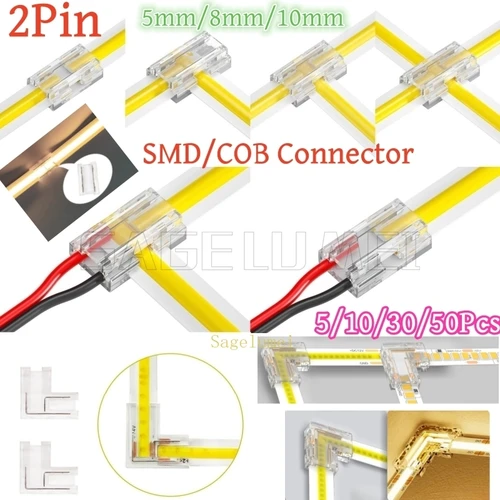 5/10/30/50 Uds 2 pines 5mm/8mm/10mm SMD Cob conectores en forma de L tira Led esquina sin soldadura fácil conectar SMD COB conectores universales