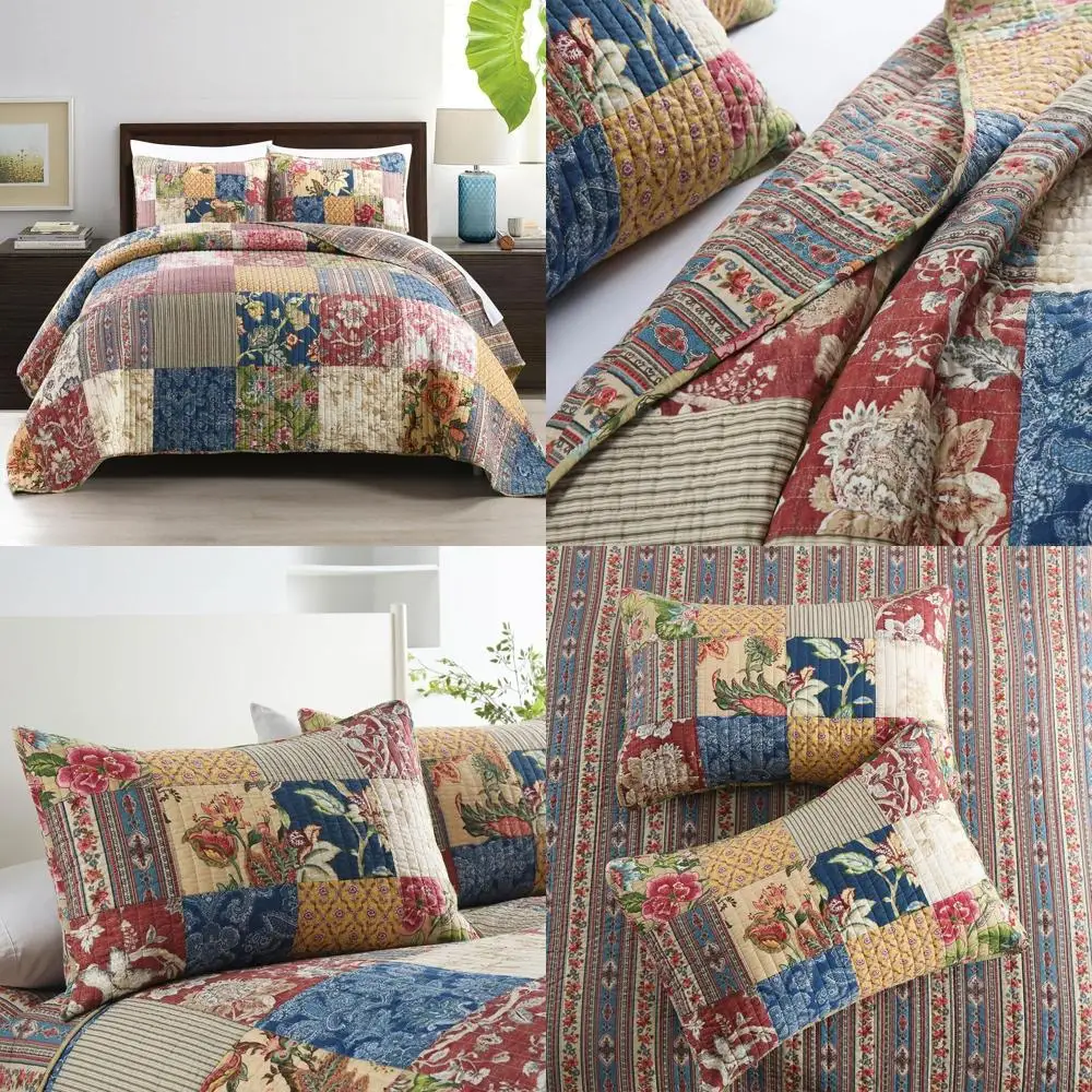 

Vintage Floral Luxury Cotton Quilted Bedspread Sets, Reversible Comforter Coverlets with Real Patchwork Design