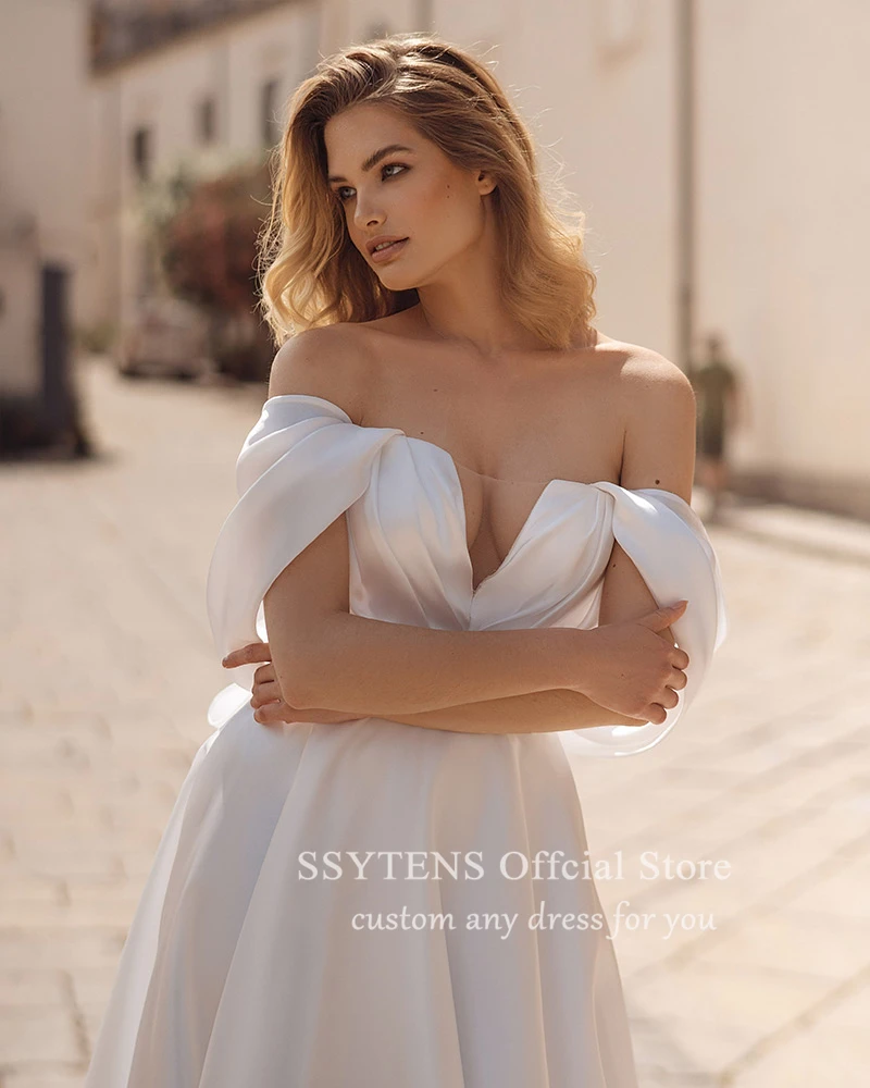 SSYTENS-A-Line Vestidos De Noiva De Cetim, Vestido De Noiva Aberto Para Trás, Trem, Fora Do Ombro, Personalizado, Vestidos De Noiva De Luxo Para Casamentos Civis