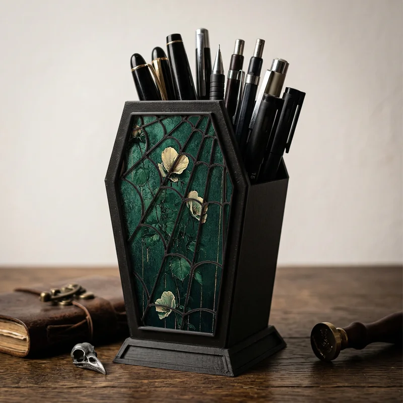 Green Poppy Spider Web Coffin Pen Holder Gothic Dark Vintage Desk Pencil Organizer Stationery Storage Halloween Decor Gift