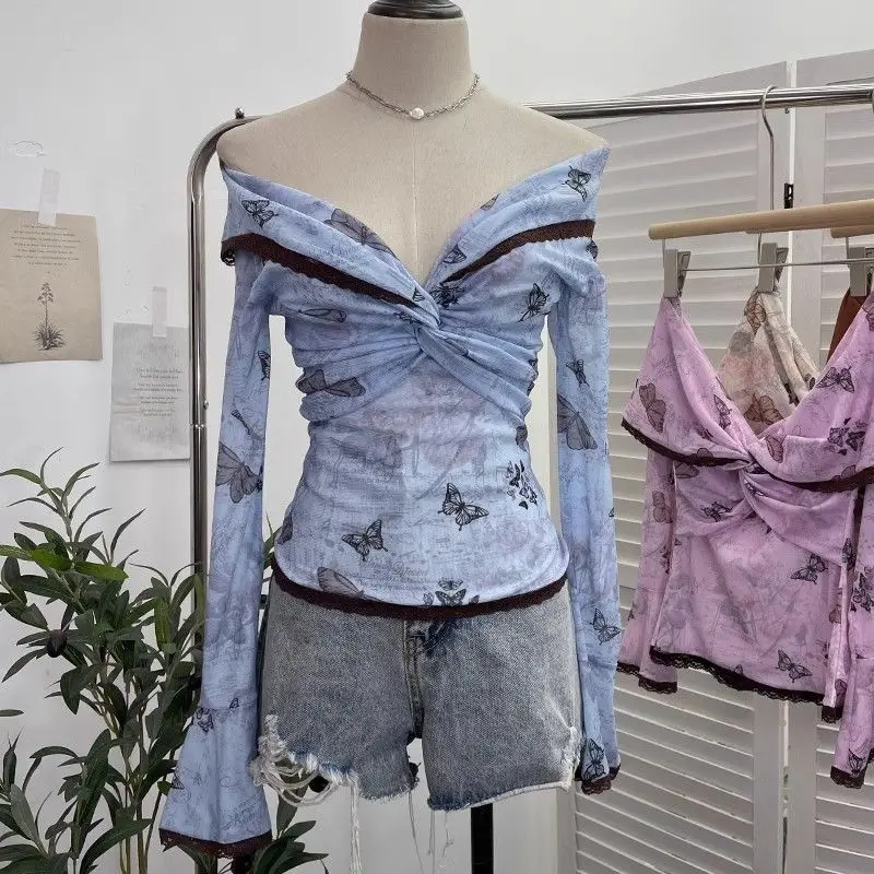 

Spring and Summer Lapel V-neck One-shoulder Twist Knot Long-sleeved French Retro Elegant Slimming Mesh Top