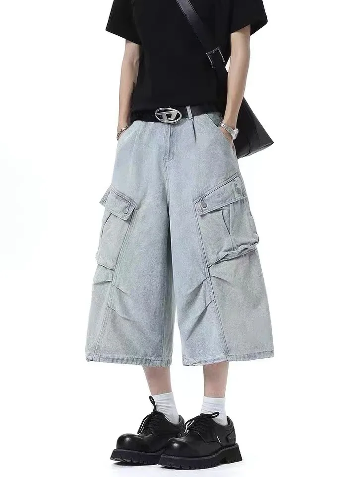 

Retro American Waed Denim Workwear orts Multi-ket Loose Wide Leg Pants High Waist Zipper Closure Color Casual Jeans