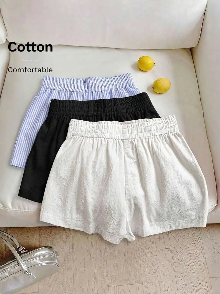 3 pares de pantalones cortos informales con cintura elástica para mujer, conjunto de algodón y lino a rayas, cómodos para uso diario, primavera y verano