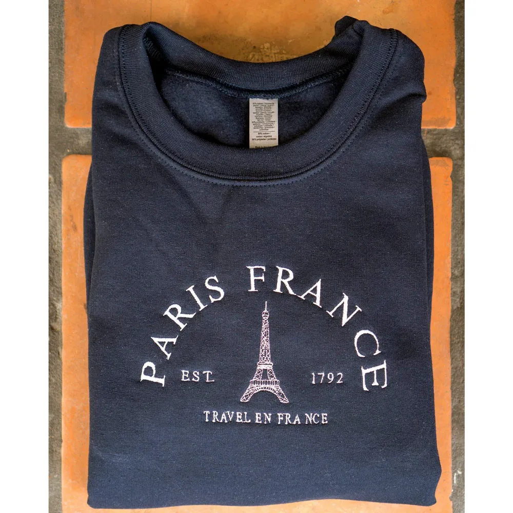 France Paris Eiffel Tower Embroidered Crewneck Pullovers Long Sleeve Loose Cotton Thick Autumn Warm Women Vintage Sweatshirts