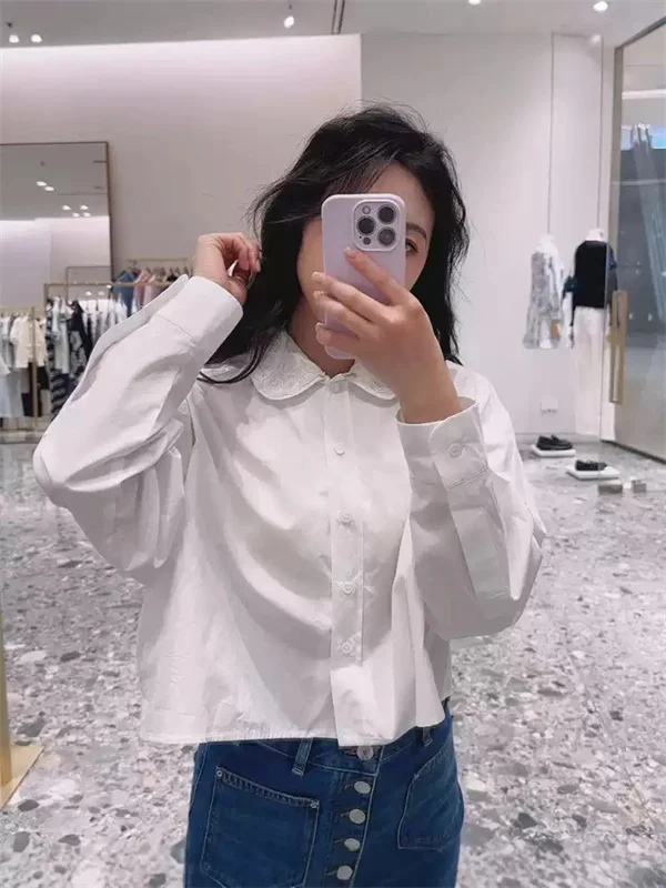 Early Autumn Women's Long Sleeve White Shirt Lady Beading Double Layered Detachable Peter Pan Collar Short Blouse